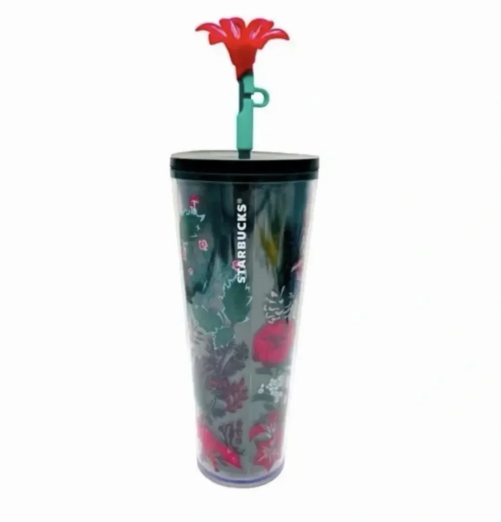 NEW Starbucks Floral Cup with Lid and Flower Straw, Green Red Clear Coffee Tea